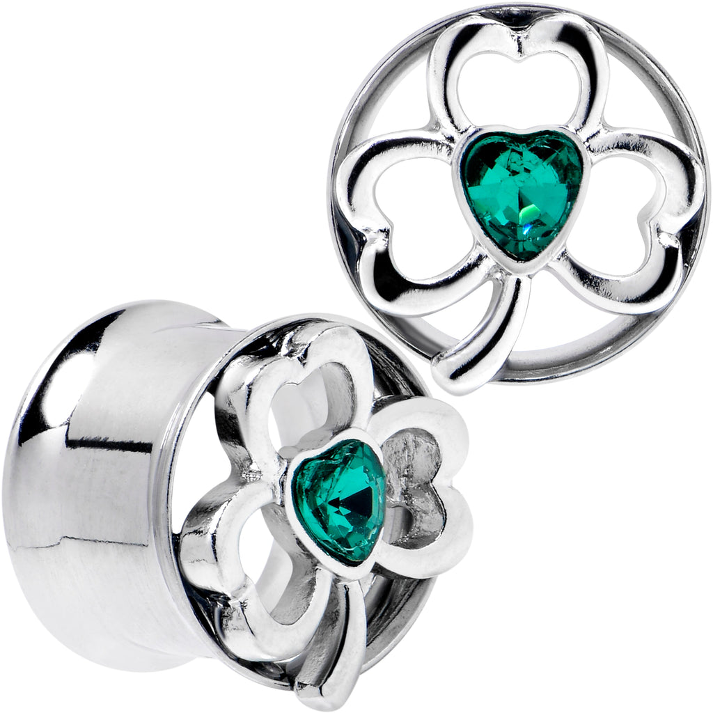 BodyCandy Green Gem Heart Shamrock St Patricks Tunnel Plug Set Sizes 10mm to 16mm — alternative angle