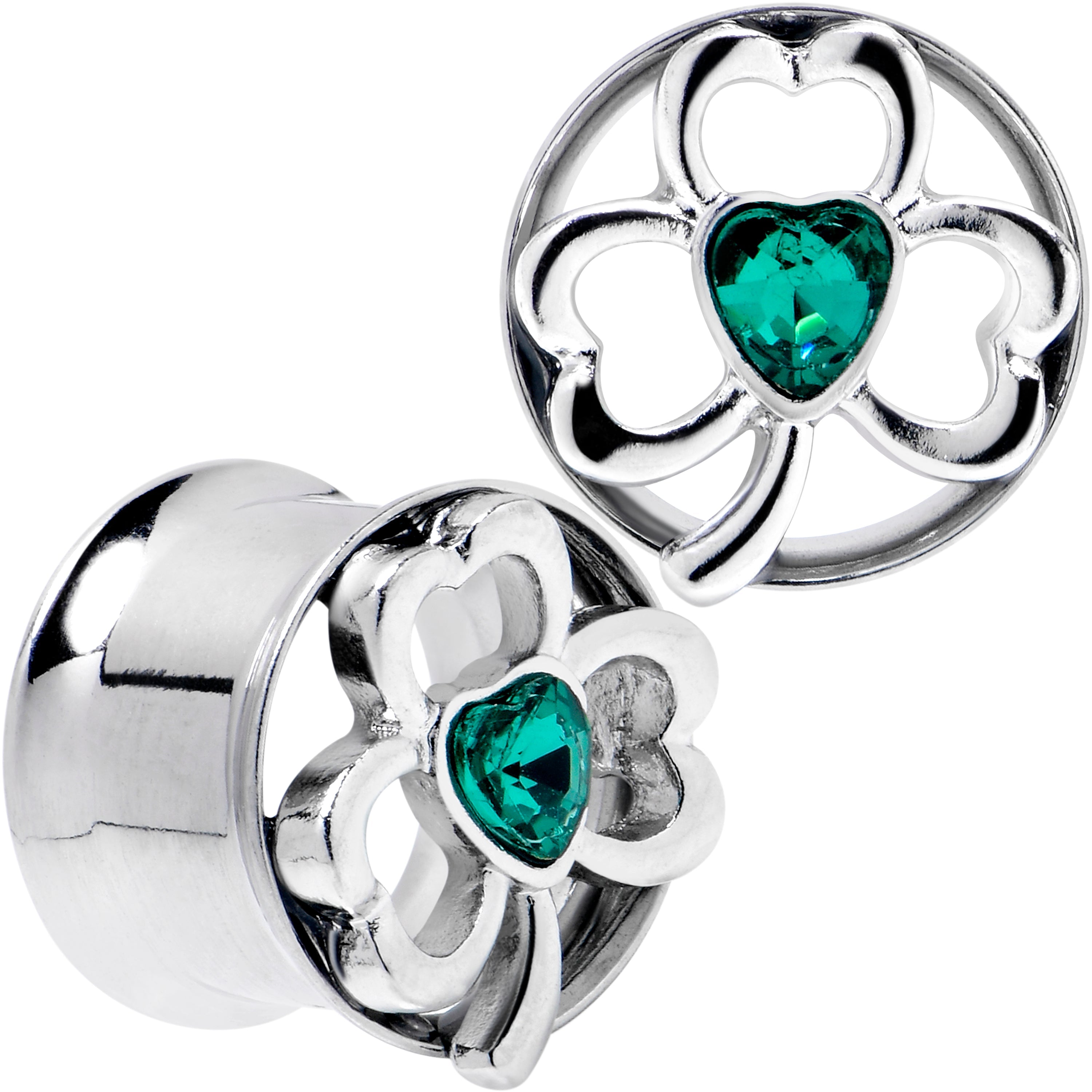 BodyCandy Green Gem Heart Shamrock St Patricks Tunnel Plug Set Sizes 10mm to 16mm — alternative angle