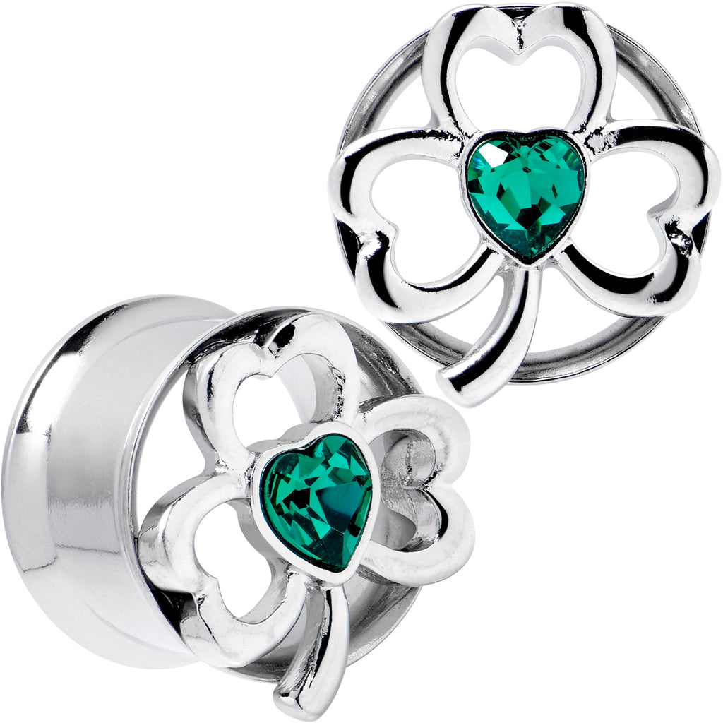 BodyCandy Green Gem Heart Shamrock St Patricks Tunnel Plug Set Sizes 10mm to 16mm — in-use photo