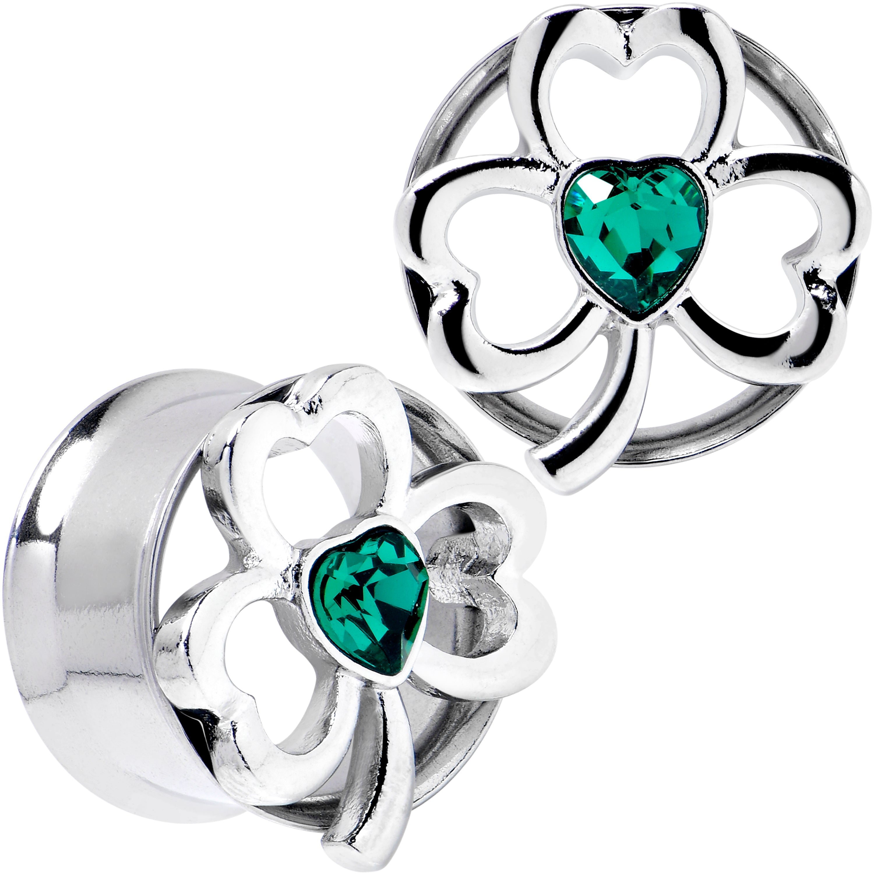 BodyCandy Green Gem Heart Shamrock St Patricks Tunnel Plug Set Sizes 10mm to 16mm — size reference