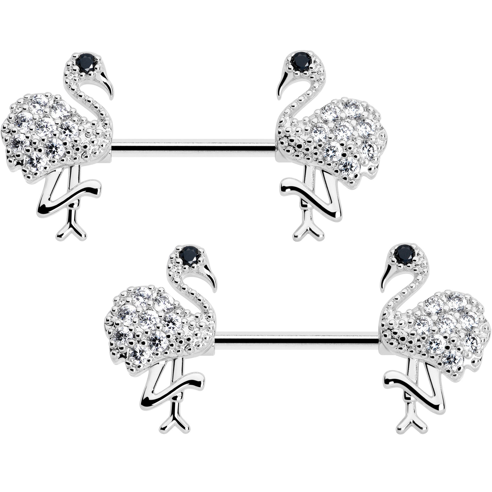 BodyCandy 14G 9/16 CZ Gem Fashion Flamingo Barbell Nipple Ring Set — detail close-up