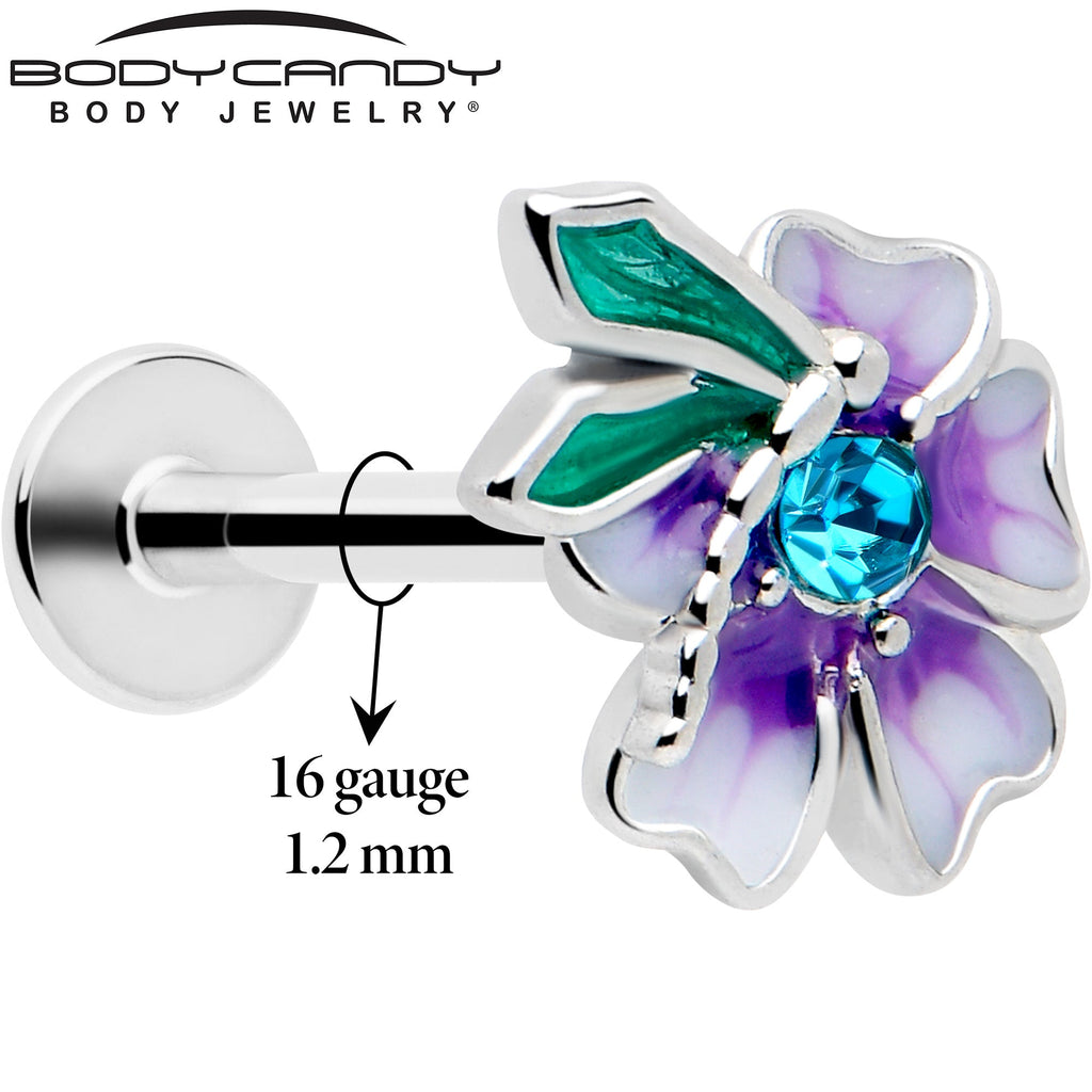 BodyCandy 16G 5/16 Blue Gem Faerie Flower Purple Labret Monroe Tragus — detail close-up