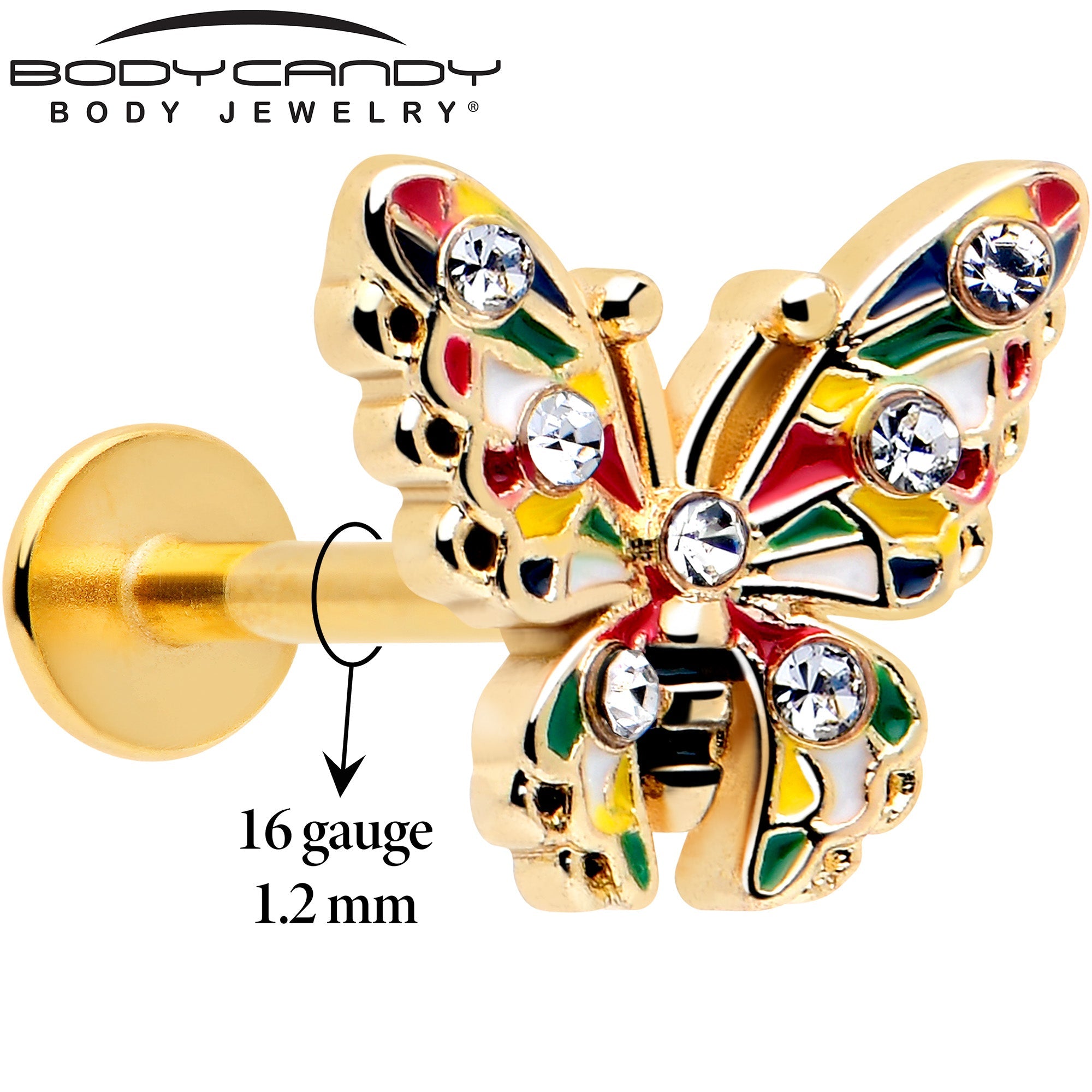 BodyCandy 16G 5/16 Clear Gem Gold Tone Color Block Butterfly Labret Tragus — detail close-up