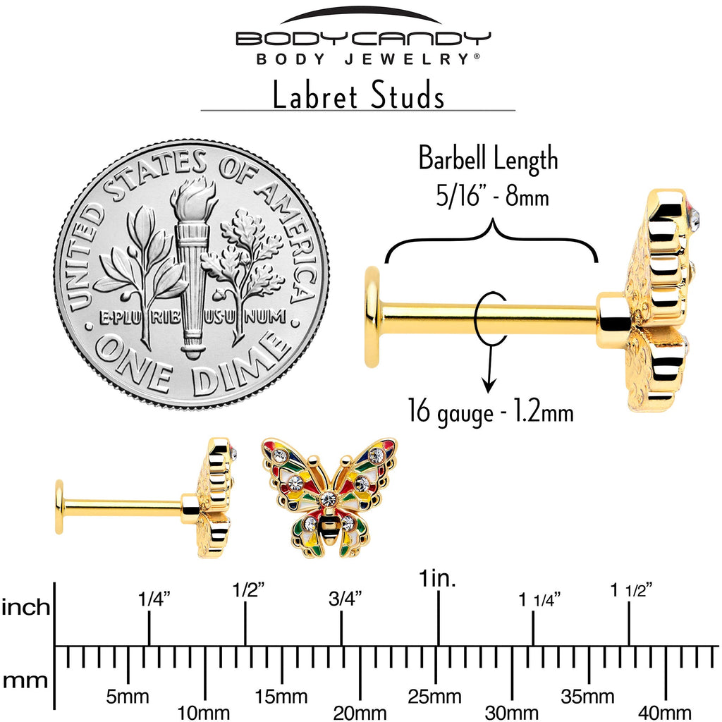 BodyCandy 16G 5/16 Clear Gem Gold Tone Color Block Butterfly Labret Tragus — back view