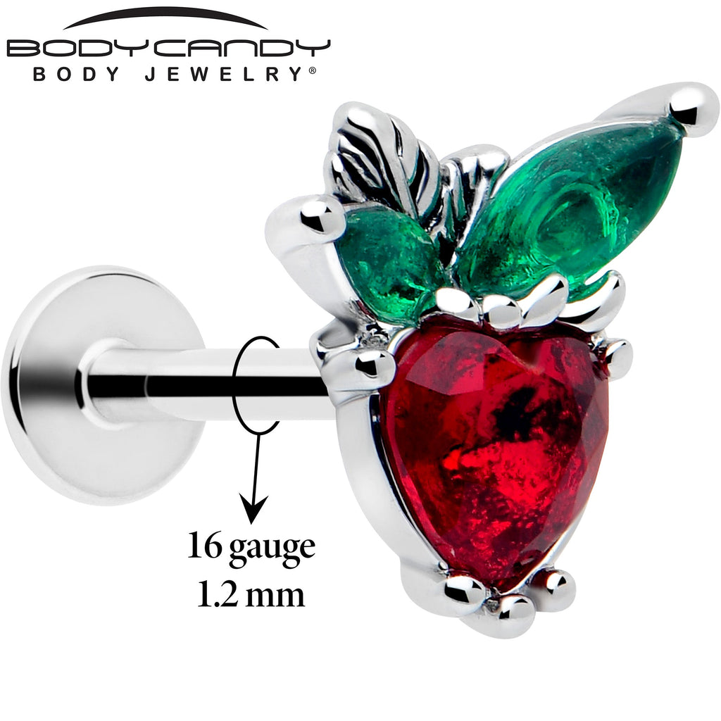 BodyCandy 16G 5/16 Red Green Gem Strawberry Heart Labret Monroe Tragus — detail close-up