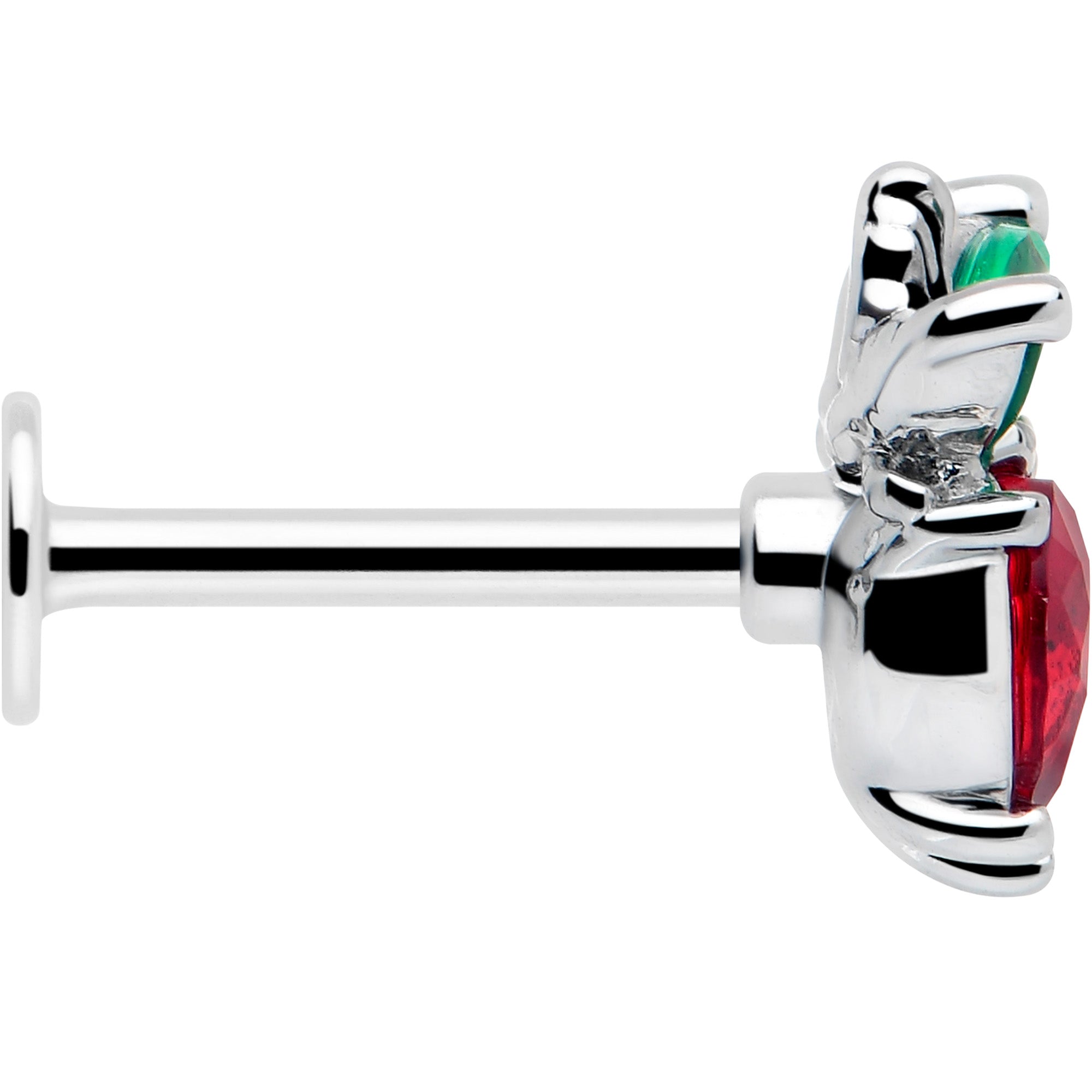 BodyCandy 16G 5/16 Red Green Gem Strawberry Heart Labret Monroe Tragus — side view