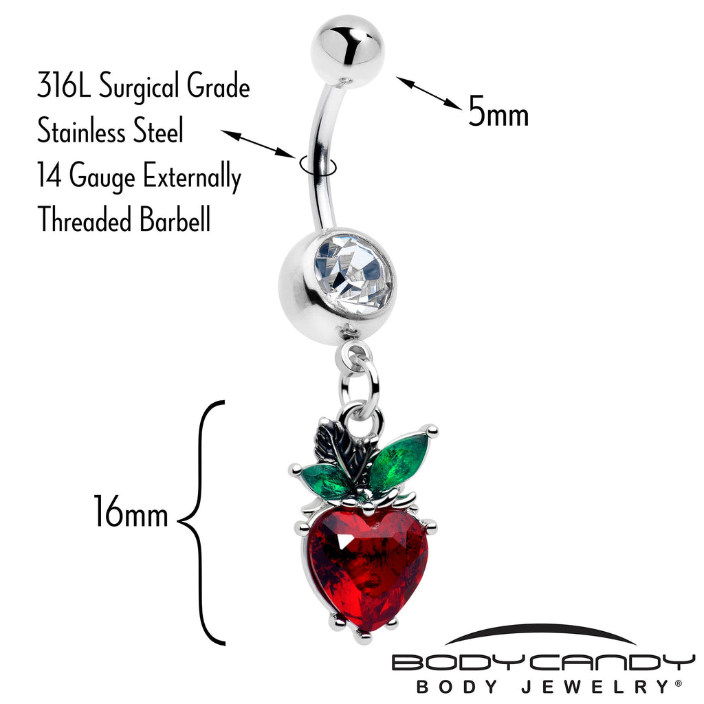 BodyCandy Clear Red Green Gem Strawberry Heart Dangle Belly Ring — detail close-up