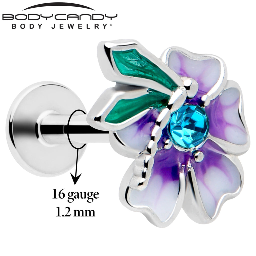BodyCandy 16G 1/4 Blue Gem Faerie Flower Purple Labret — detail close-up