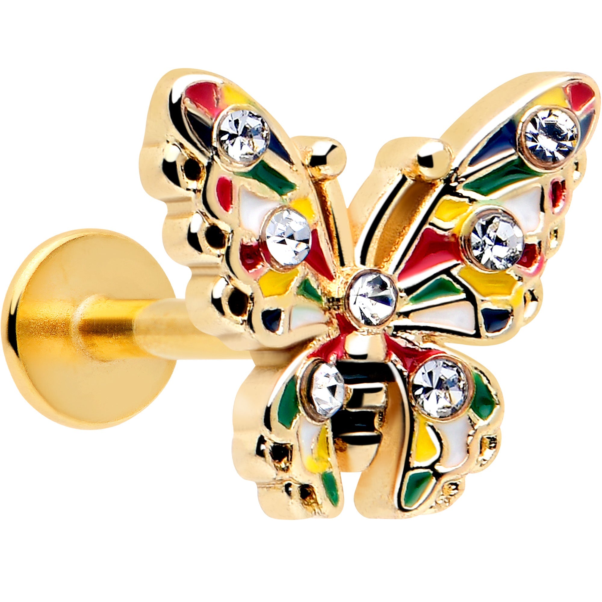 BodyCandy 16G 1/4 Clear Gem Gold Tone Color Block Butterfly Labret — main product shot