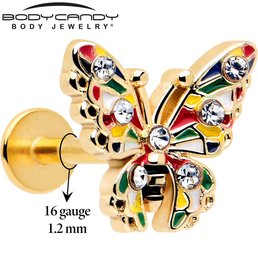BodyCandy 16G 1/4 Clear Gem Gold Tone Color Block Butterfly Labret — detail close-up