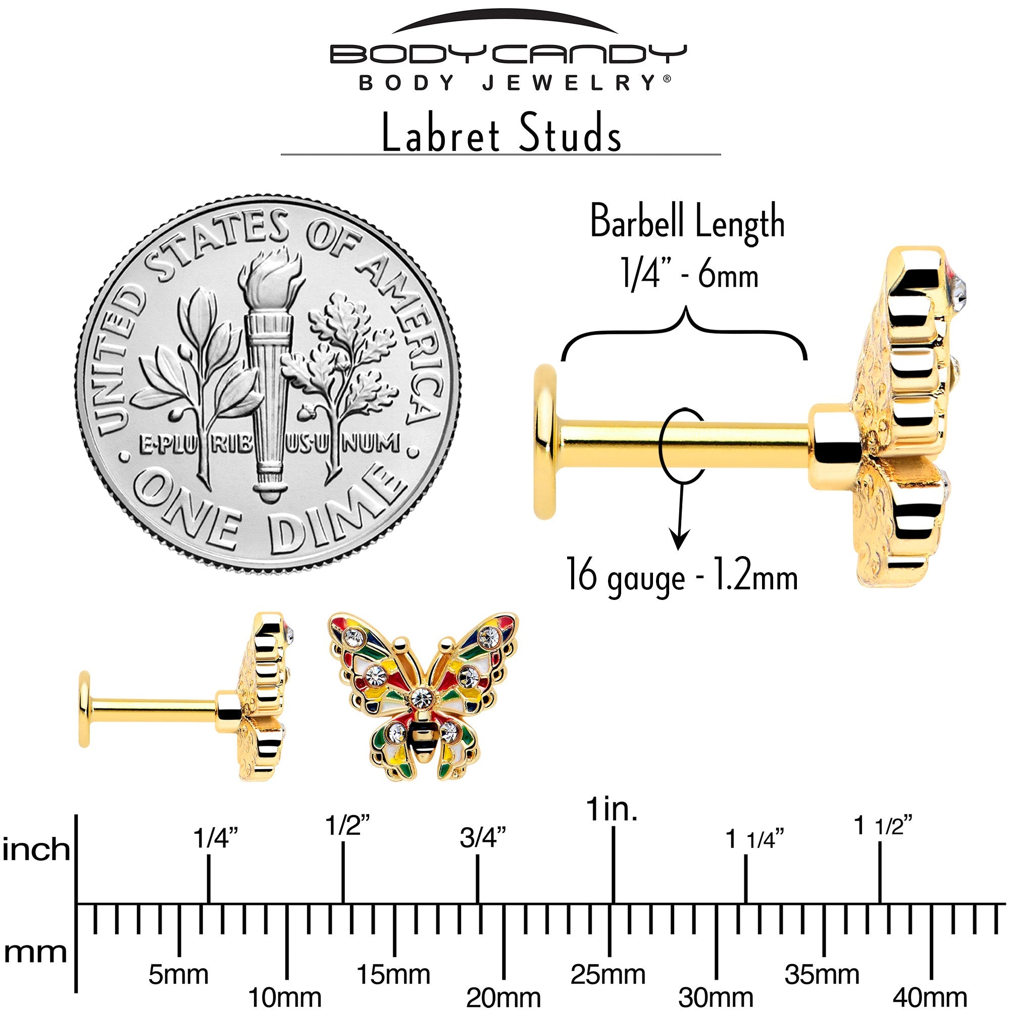BodyCandy 16G 1/4 Clear Gem Gold Tone Color Block Butterfly Labret — back view