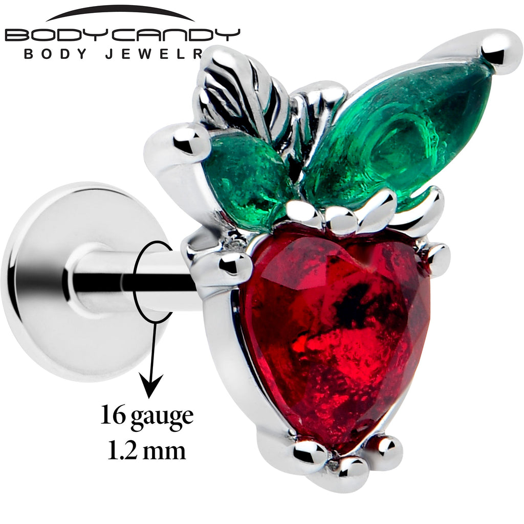 BodyCandy 16G 1/4 Red Green Gem Strawberry Heart Labret — detail close-up