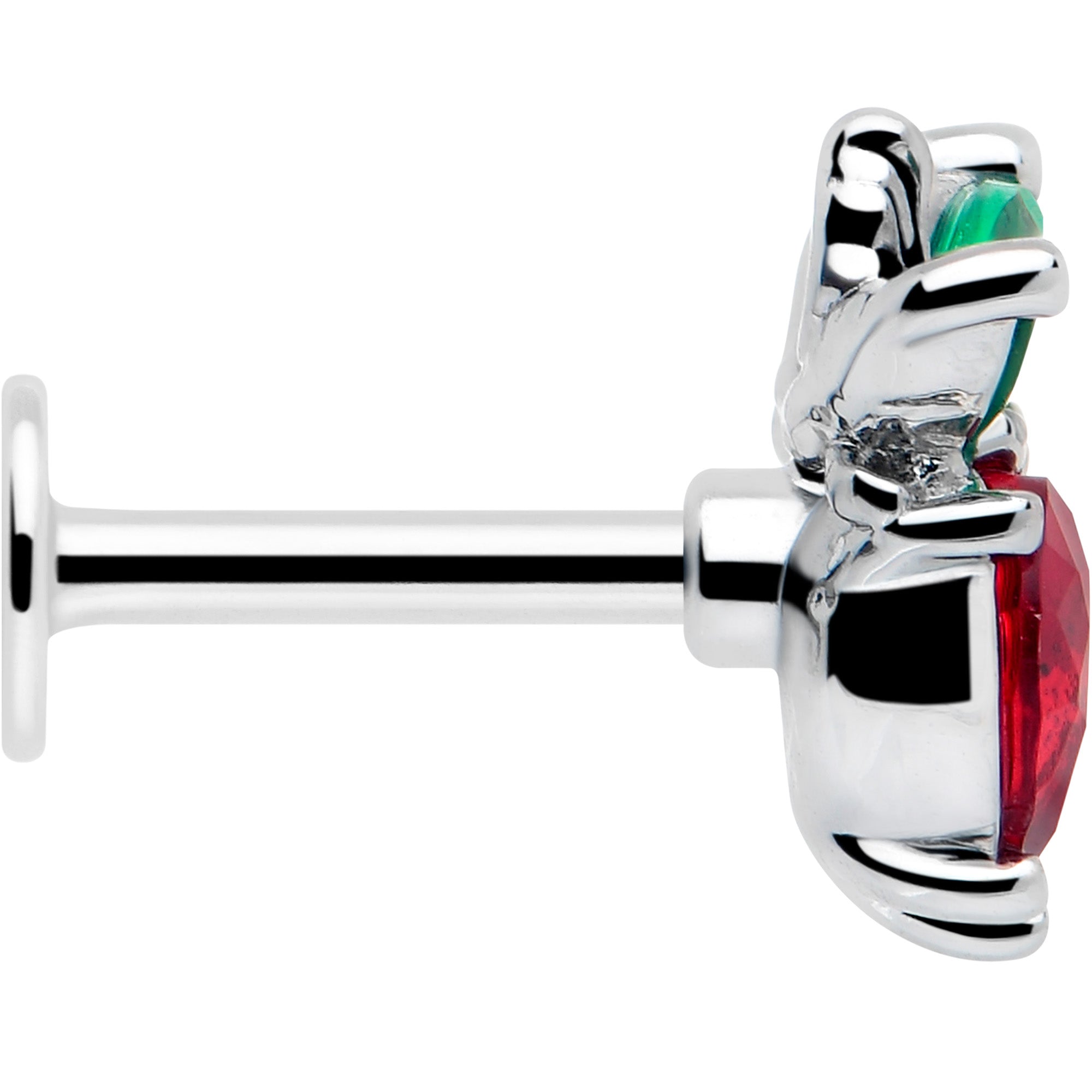BodyCandy 16G 1/4 Red Green Gem Strawberry Heart Labret — side view