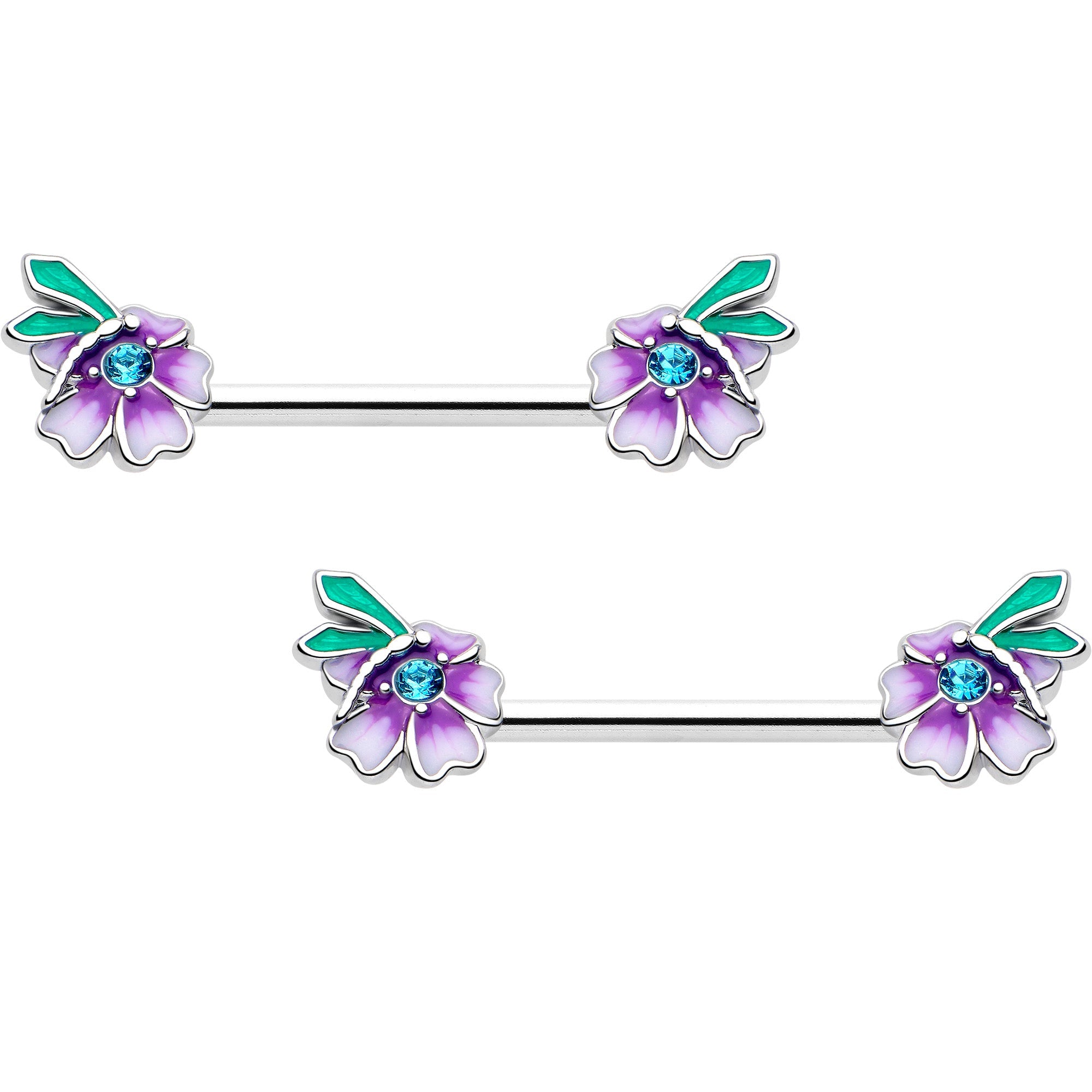 BodyCandy 14G 9/16 Blue Gem Faerie Flower Purple Barbell Nipple Ring Set — main product shot