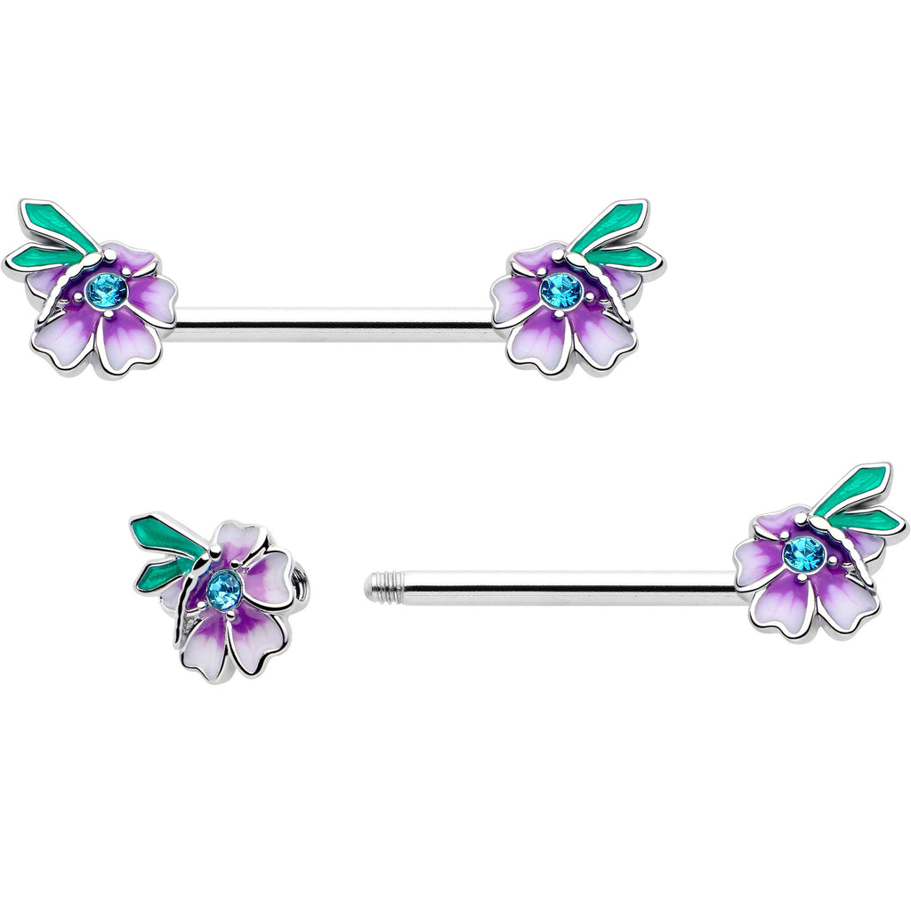 BodyCandy 14G 9/16 Blue Gem Faerie Flower Purple Barbell Nipple Ring Set — detail close-up