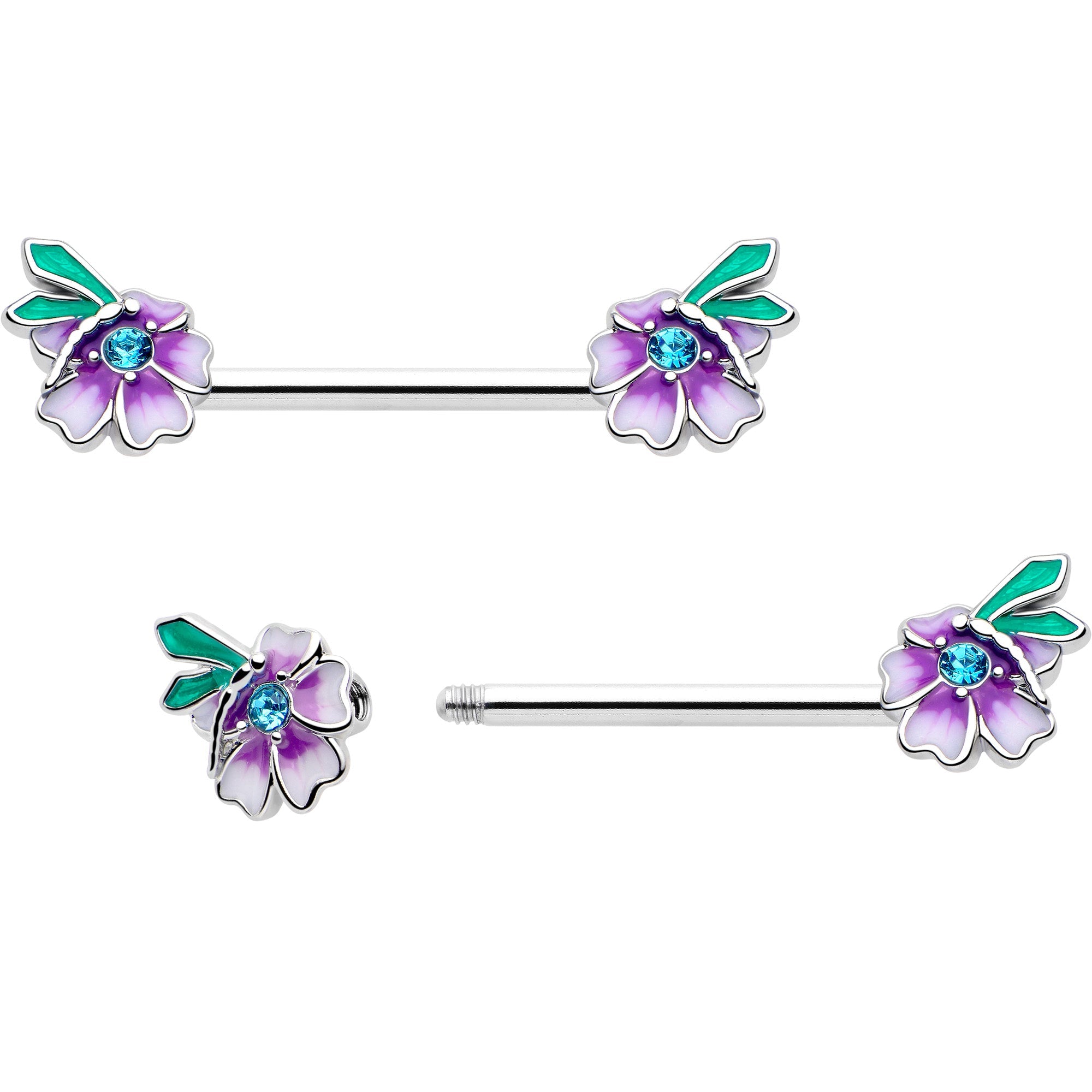 BodyCandy 14G 9/16 Blue Gem Faerie Flower Purple Barbell Nipple Ring Set — detail close-up