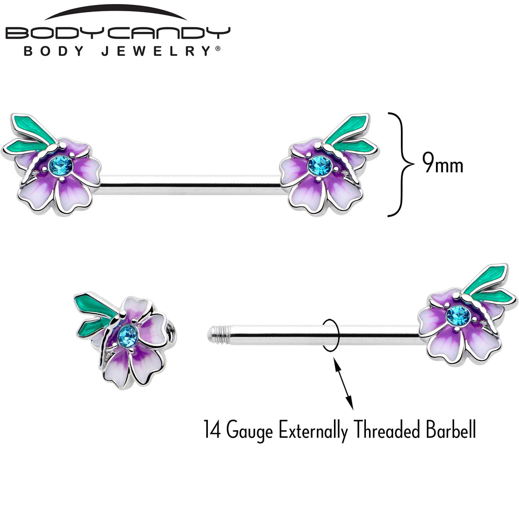 BodyCandy 14G 9/16 Blue Gem Faerie Flower Purple Barbell Nipple Ring Set — lifestyle context