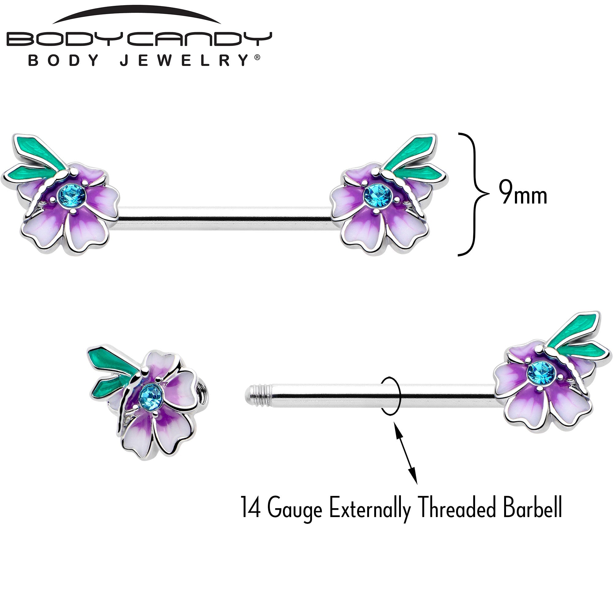 BodyCandy 14G 9/16 Blue Gem Faerie Flower Purple Barbell Nipple Ring Set — lifestyle context