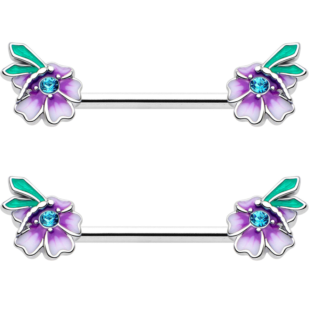 BodyCandy 14G 9/16 Blue Gem Faerie Flower Purple Barbell Nipple Ring Set — side view