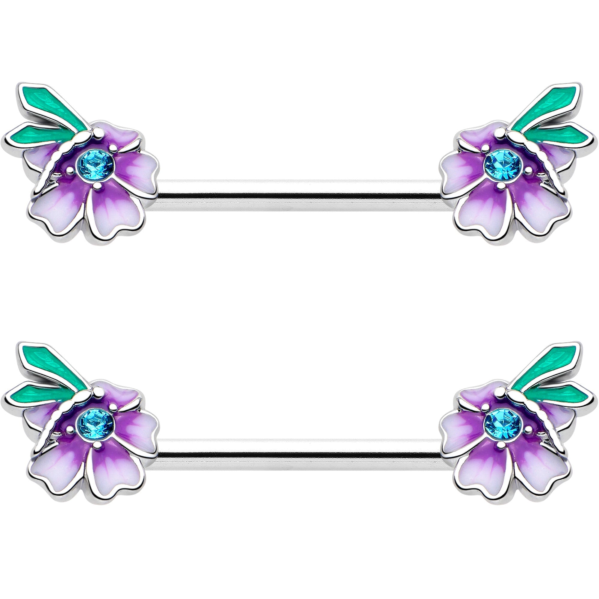 BodyCandy 14G 9/16 Blue Gem Faerie Flower Purple Barbell Nipple Ring Set — side view
