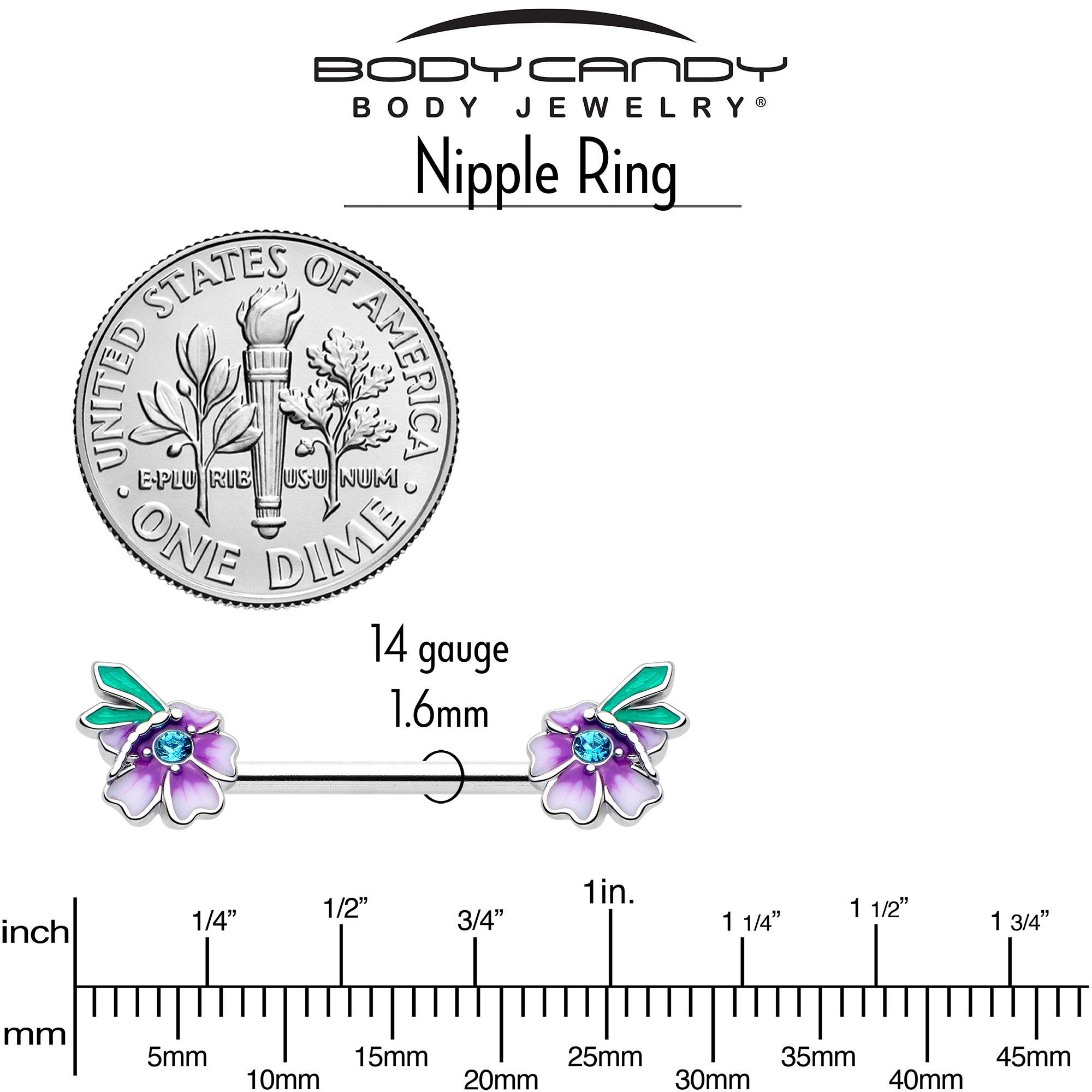 BodyCandy 14G 9/16 Blue Gem Faerie Flower Purple Barbell Nipple Ring Set — back view