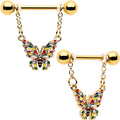 BodyCandy 14G 9/16 Clear Gem Gold Tone Color Block Butterfly Dangle Nipple Ring Set — main product shot