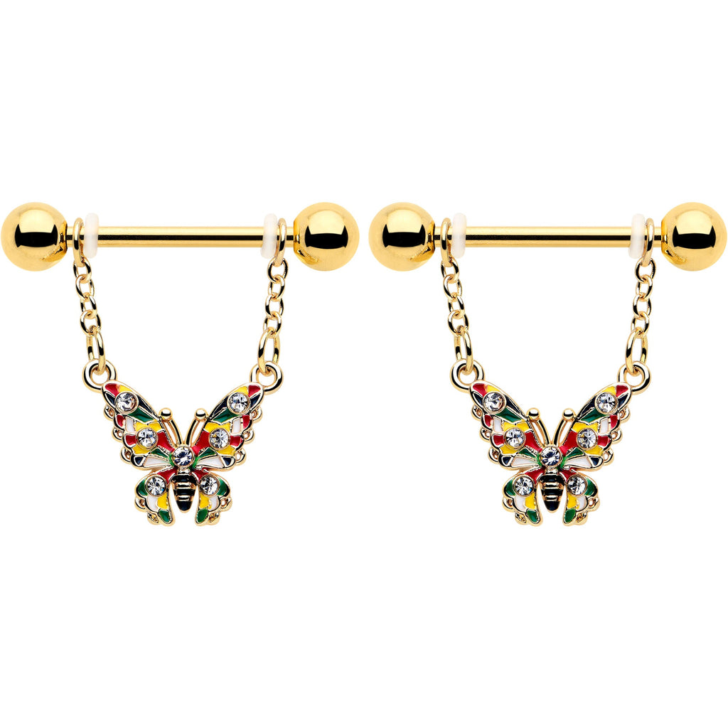 BodyCandy 14G 9/16 Clear Gem Gold Tone Color Block Butterfly Dangle Nipple Ring Set — detail close-up