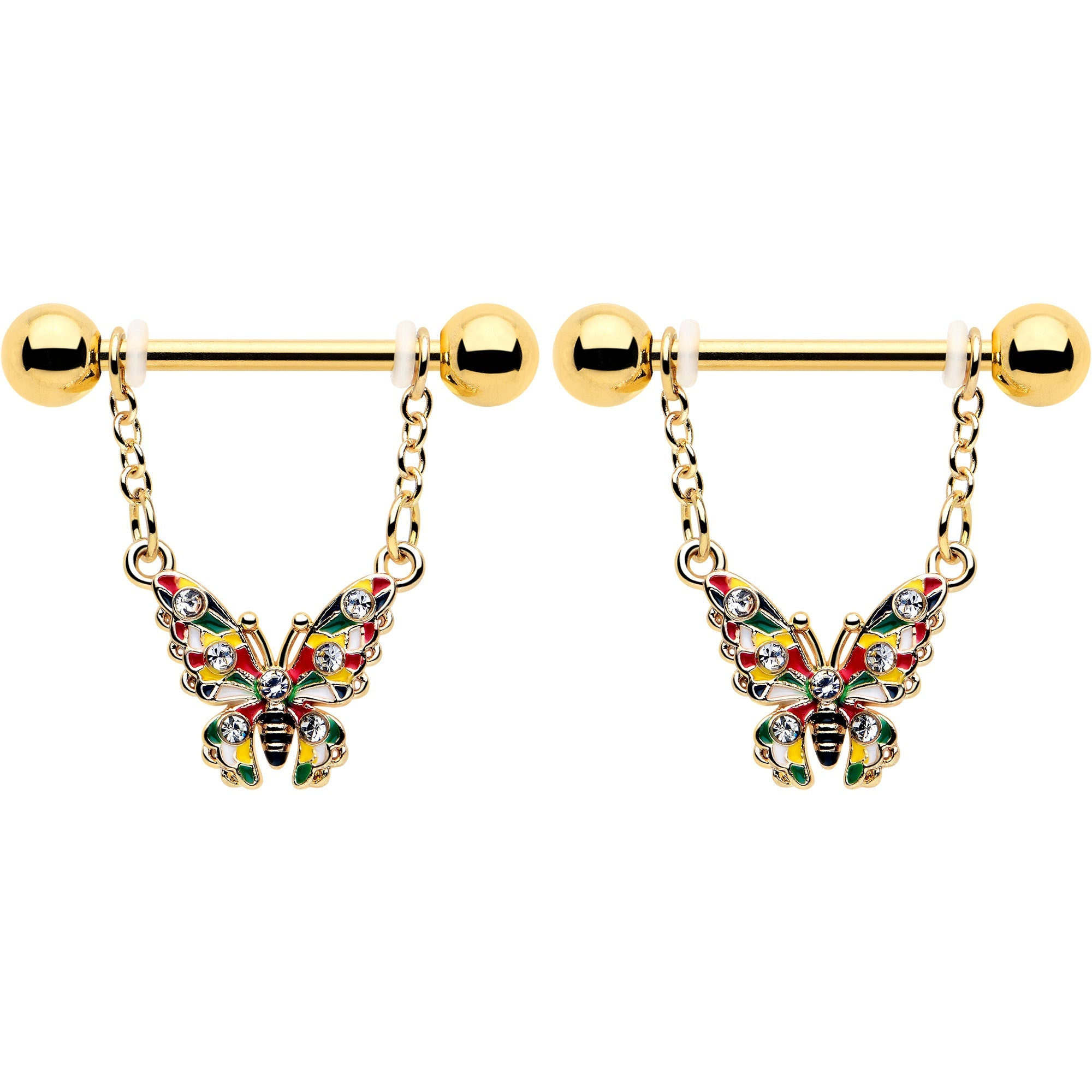 BodyCandy 14G 9/16 Clear Gem Gold Tone Color Block Butterfly Dangle Nipple Ring Set — detail close-up