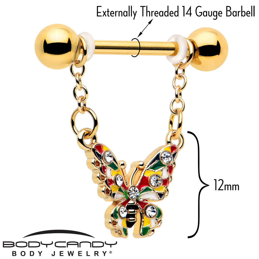 BodyCandy 14G 9/16 Clear Gem Gold Tone Color Block Butterfly Dangle Nipple Ring Set — lifestyle context