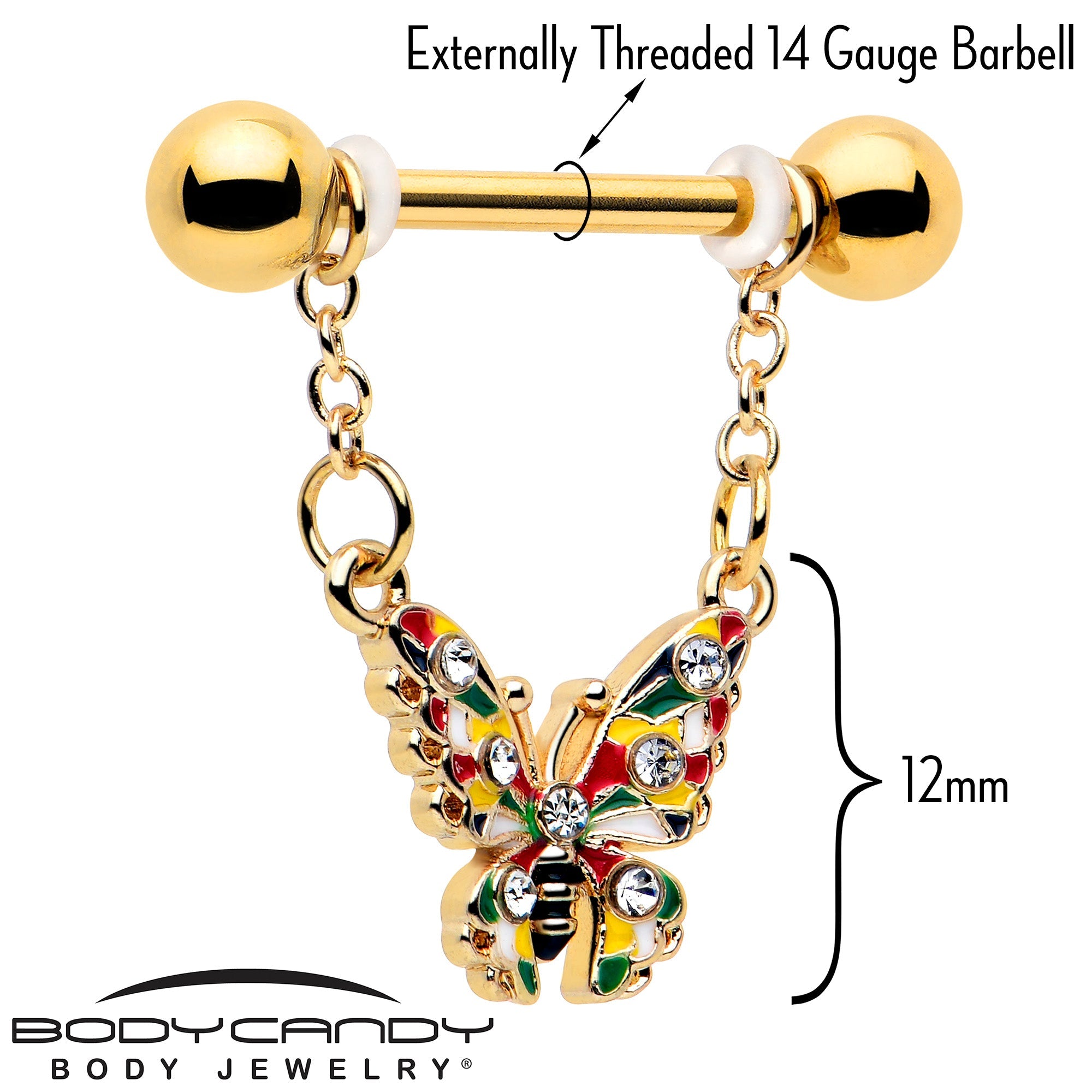 BodyCandy 14G 9/16 Clear Gem Gold Tone Color Block Butterfly Dangle Nipple Ring Set — lifestyle context