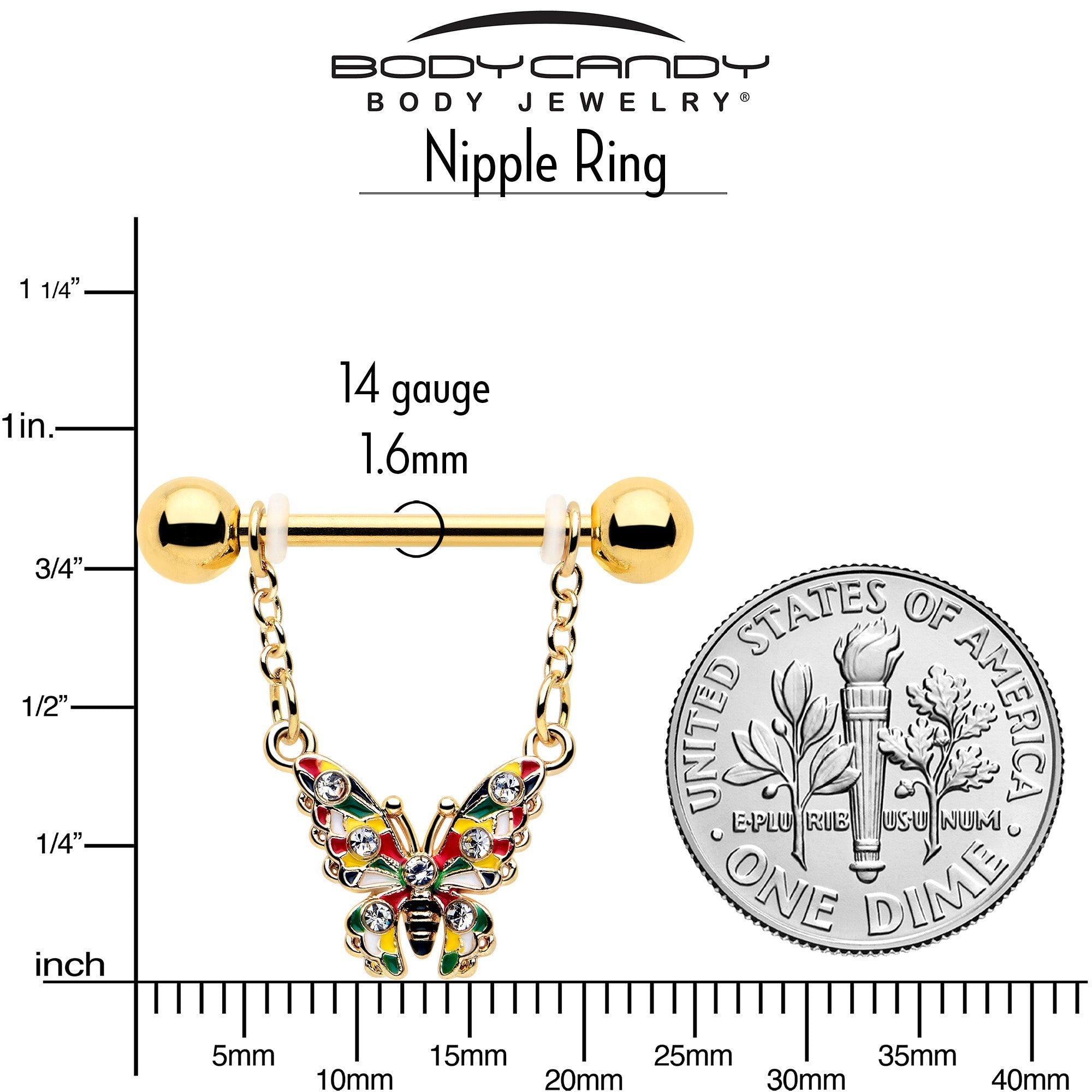 BodyCandy 14G 9/16 Clear Gem Gold Tone Color Block Butterfly Dangle Nipple Ring Set — side view