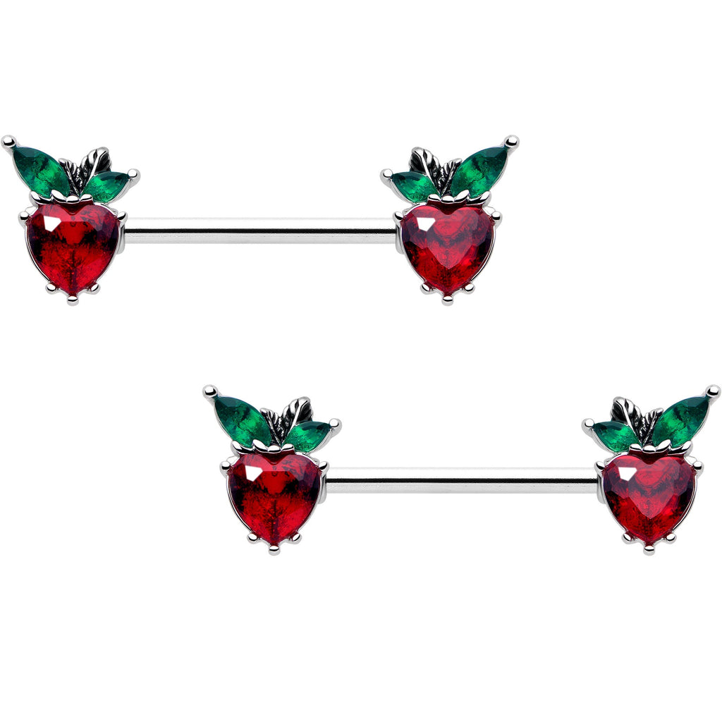 BodyCandy 14G 9/16 Red Green Gem Strawberry Heart Barbell Nipple Ring Set — main product shot