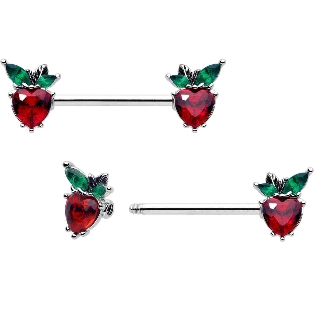 BodyCandy 14G 9/16 Red Green Gem Strawberry Heart Barbell Nipple Ring Set — detail close-up