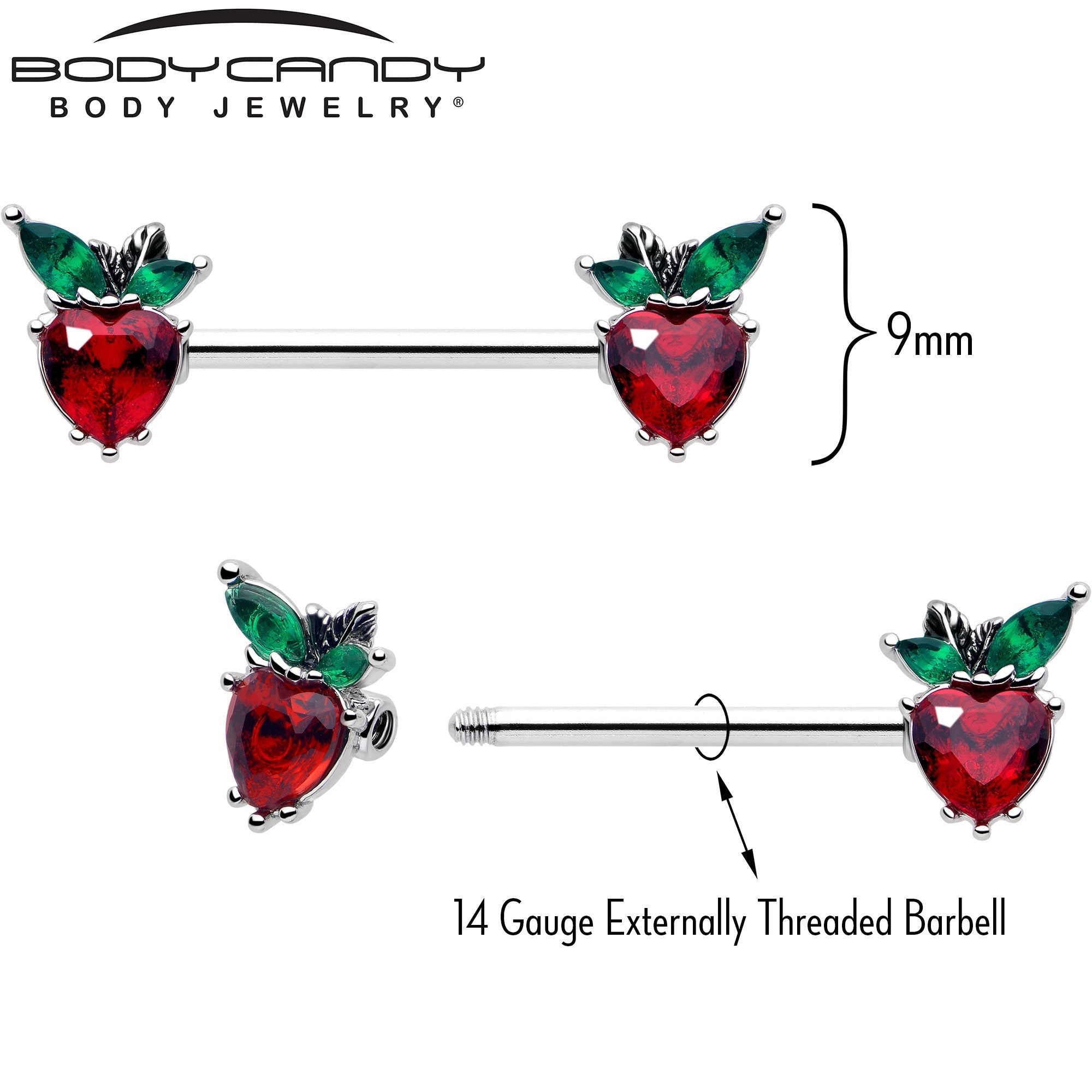 BodyCandy 14G 9/16 Red Green Gem Strawberry Heart Barbell Nipple Ring Set — lifestyle context