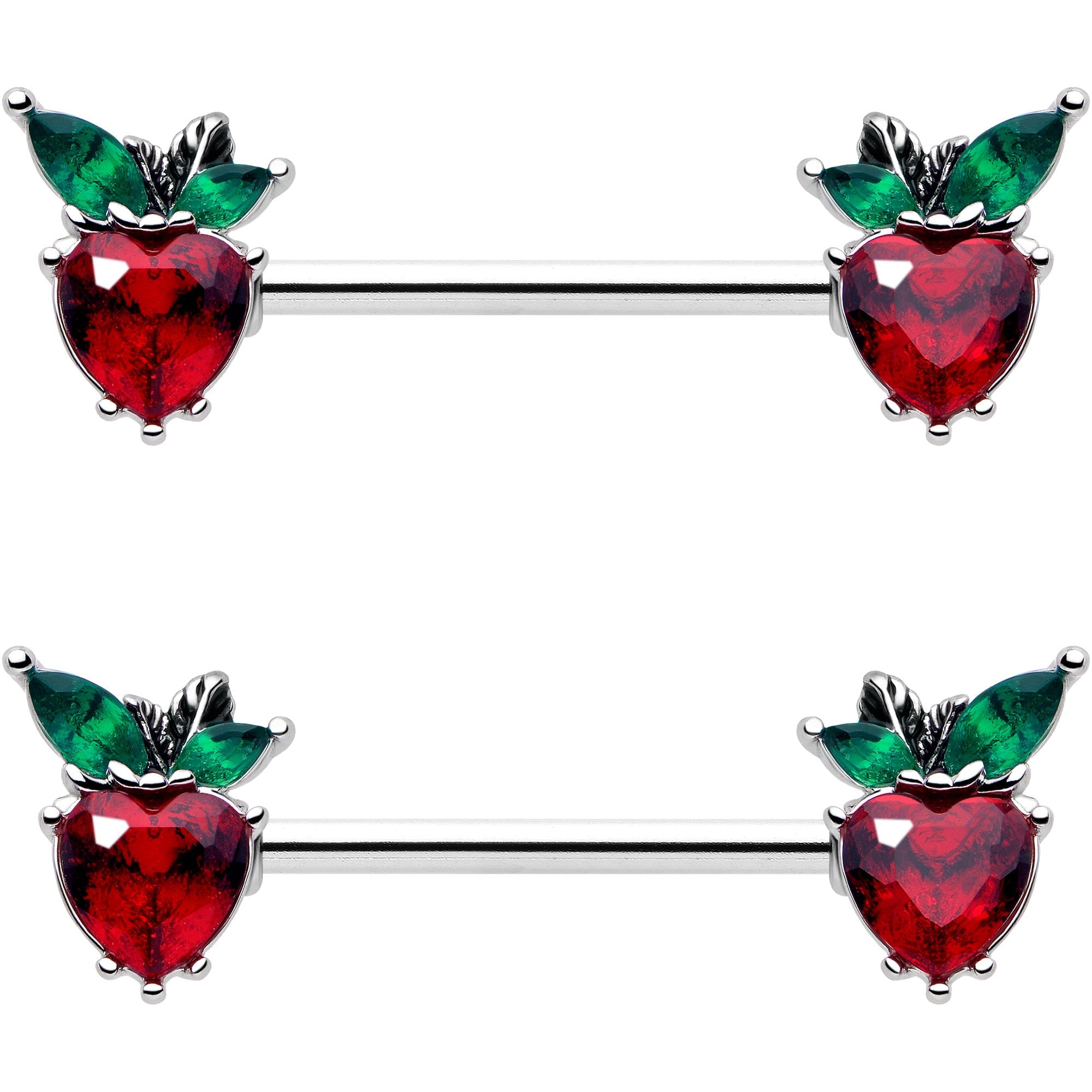 BodyCandy 14G 9/16 Red Green Gem Strawberry Heart Barbell Nipple Ring Set — side view