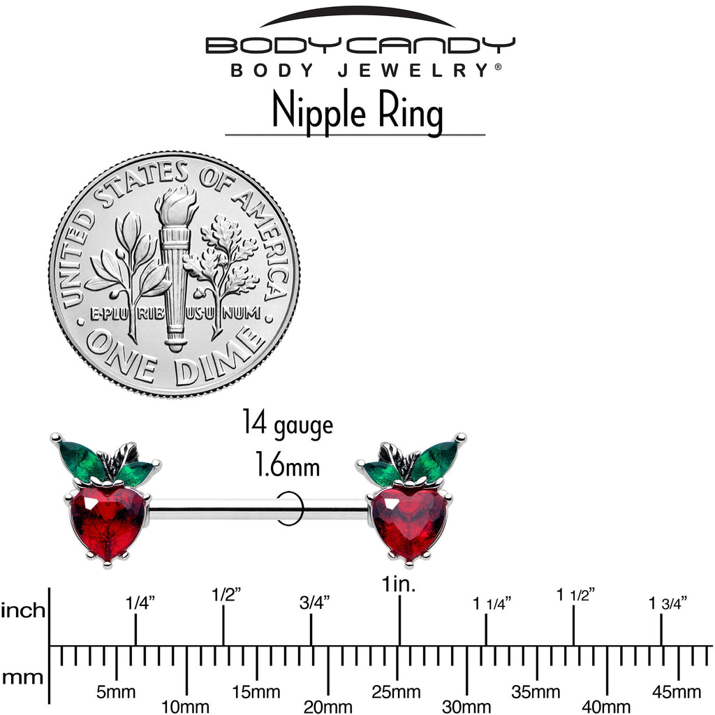 BodyCandy 14G 9/16 Red Green Gem Strawberry Heart Barbell Nipple Ring Set — back view