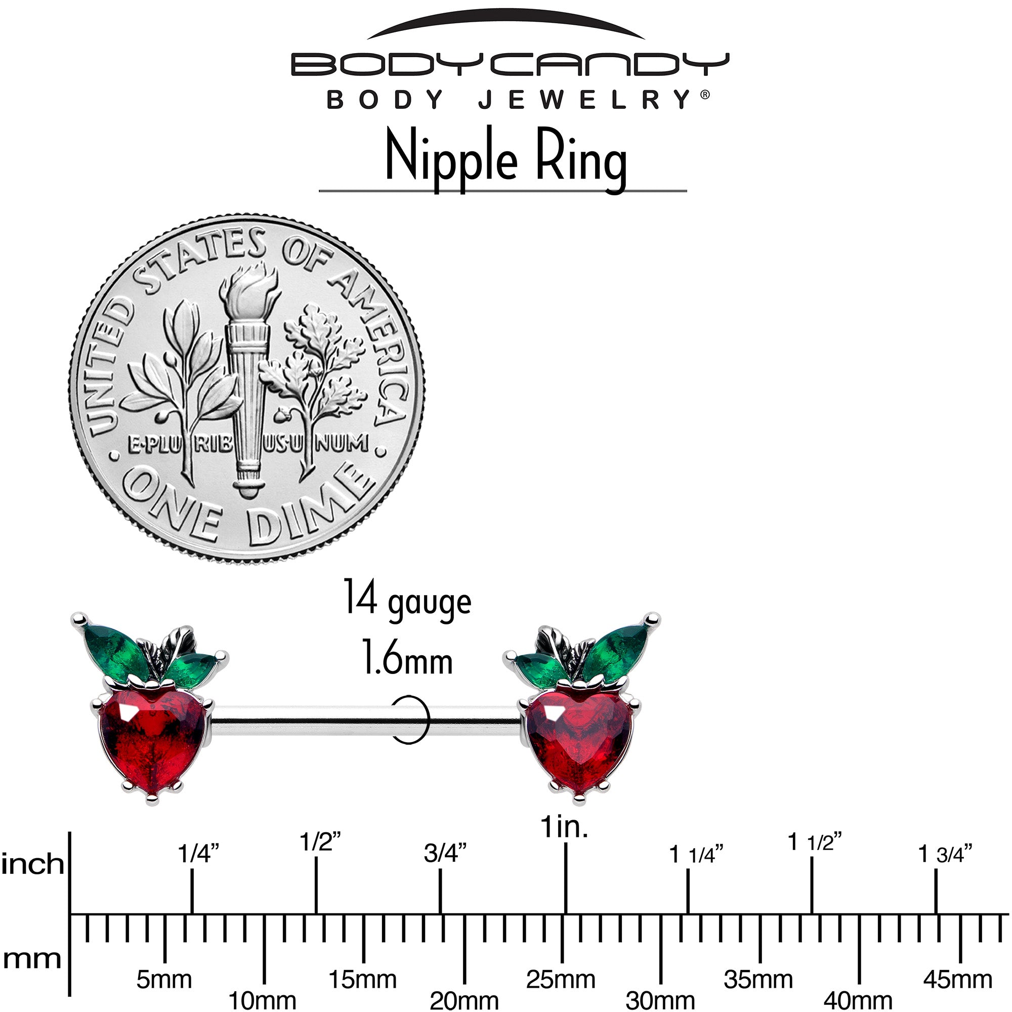 BodyCandy 14G 9/16 Red Green Gem Strawberry Heart Barbell Nipple Ring Set — back view