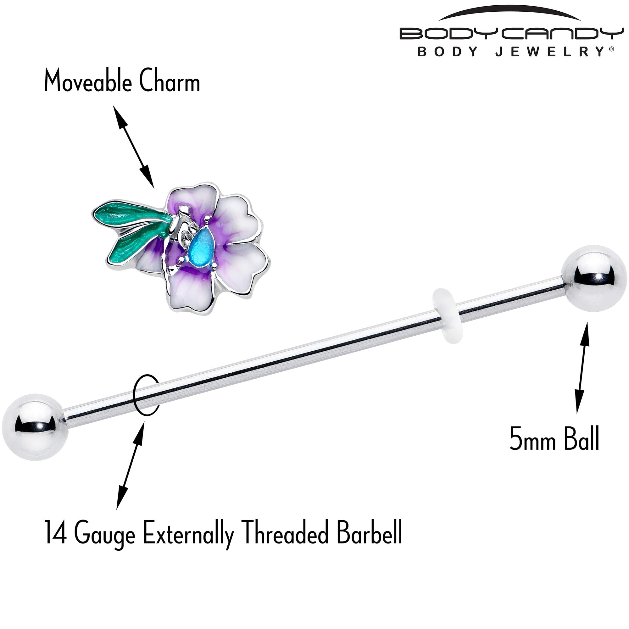 BodyCandy 14G Blue Gem Faerie Flower Purple Industrial Barbell 38mm — side view