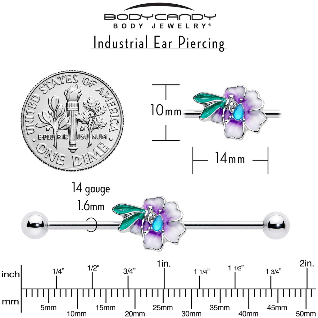 BodyCandy 14G Blue Gem Faerie Flower Purple Industrial Barbell 38mm — back view