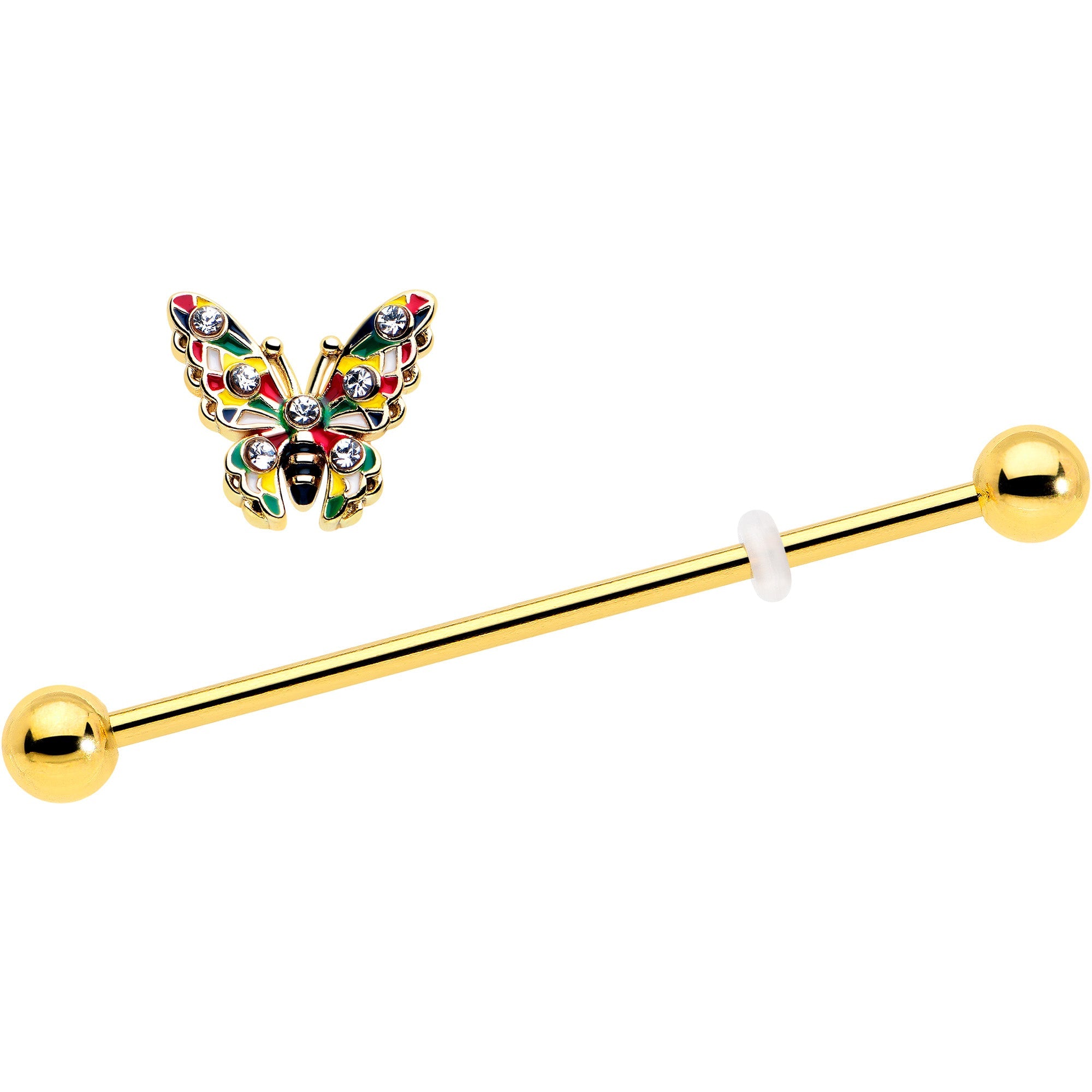 BodyCandy 14G Clear Gem Gold Tone Color Block Butterfly Industrial Barbell 38mm — detail close-up