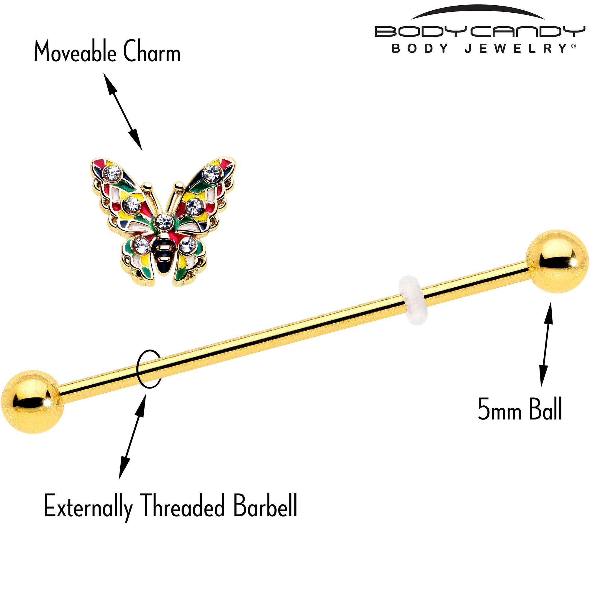BodyCandy 14G Clear Gem Gold Tone Color Block Butterfly Industrial Barbell 38mm — side view