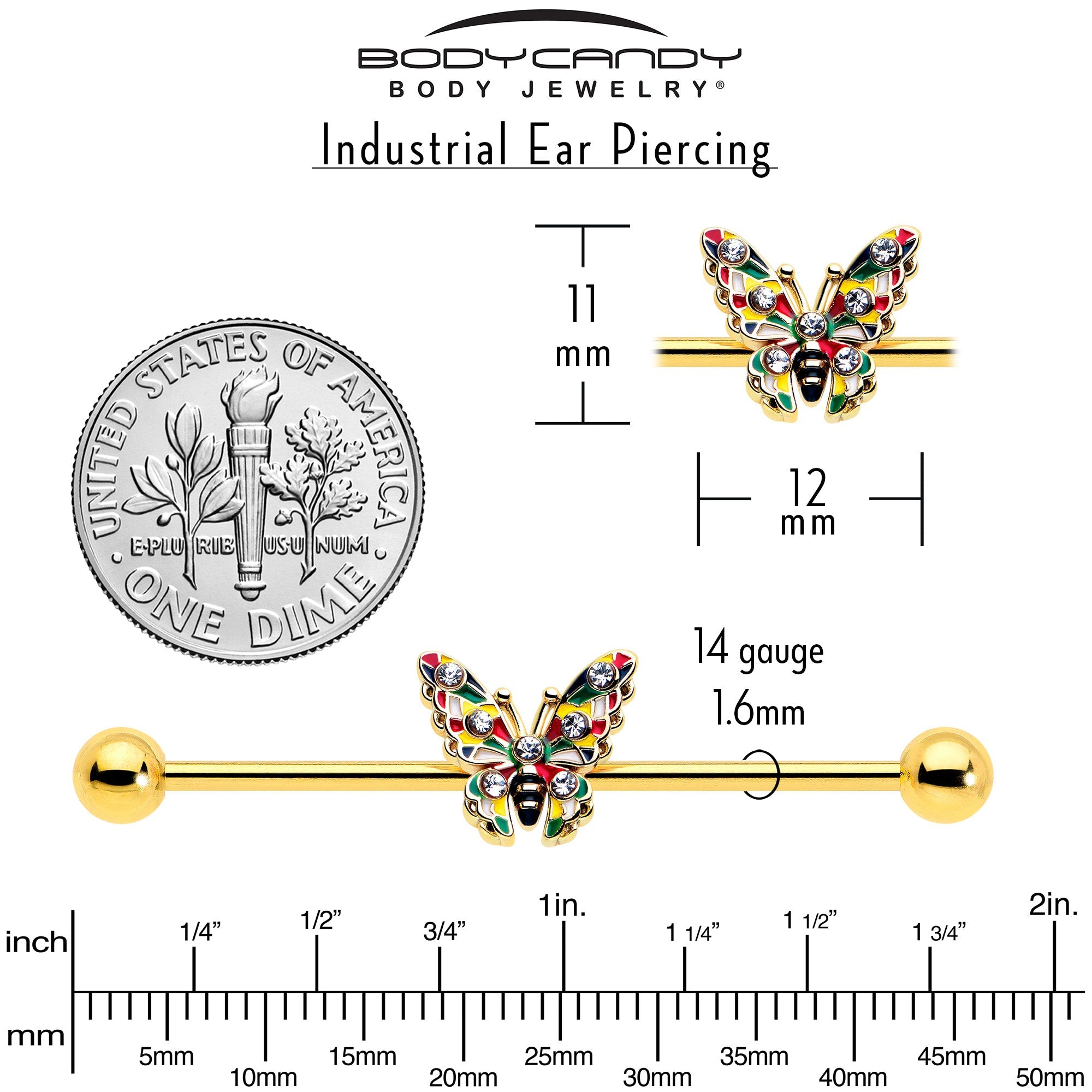 BodyCandy 14G Clear Gem Gold Tone Color Block Butterfly Industrial Barbell 38mm — back view