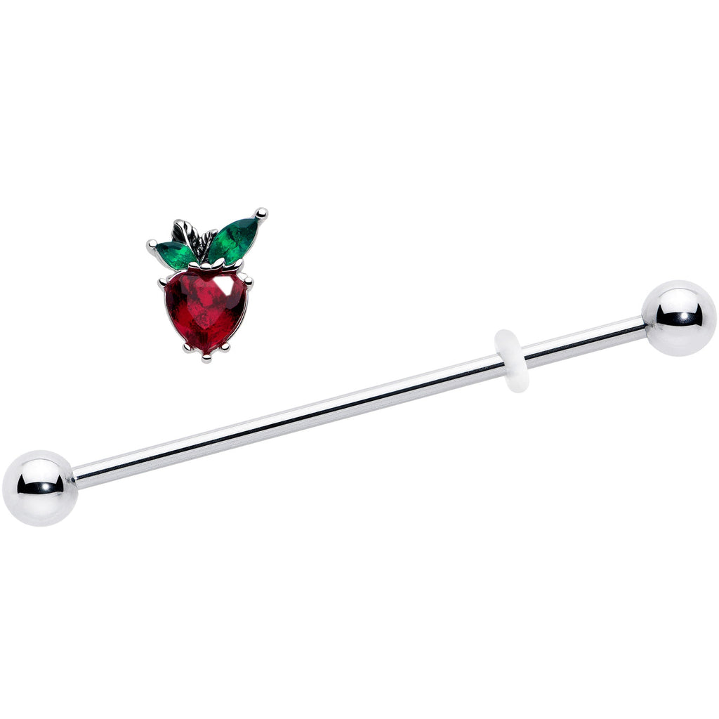 BodyCandy 14G Red Green Gem Strawberry Heart Industrial Barbell 38mm — detail close-up