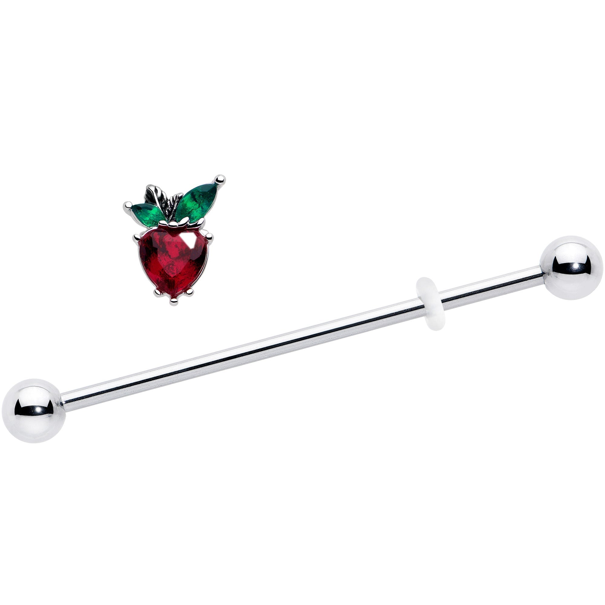 BodyCandy 14G Red Green Gem Strawberry Heart Industrial Barbell 38mm — detail close-up
