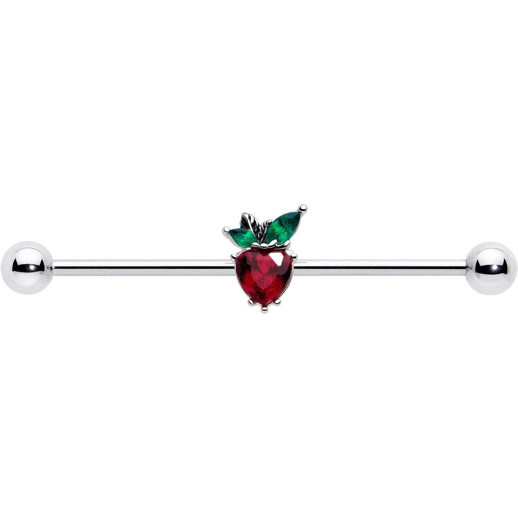 BodyCandy 14G Red Green Gem Strawberry Heart Industrial Barbell 38mm — lifestyle context