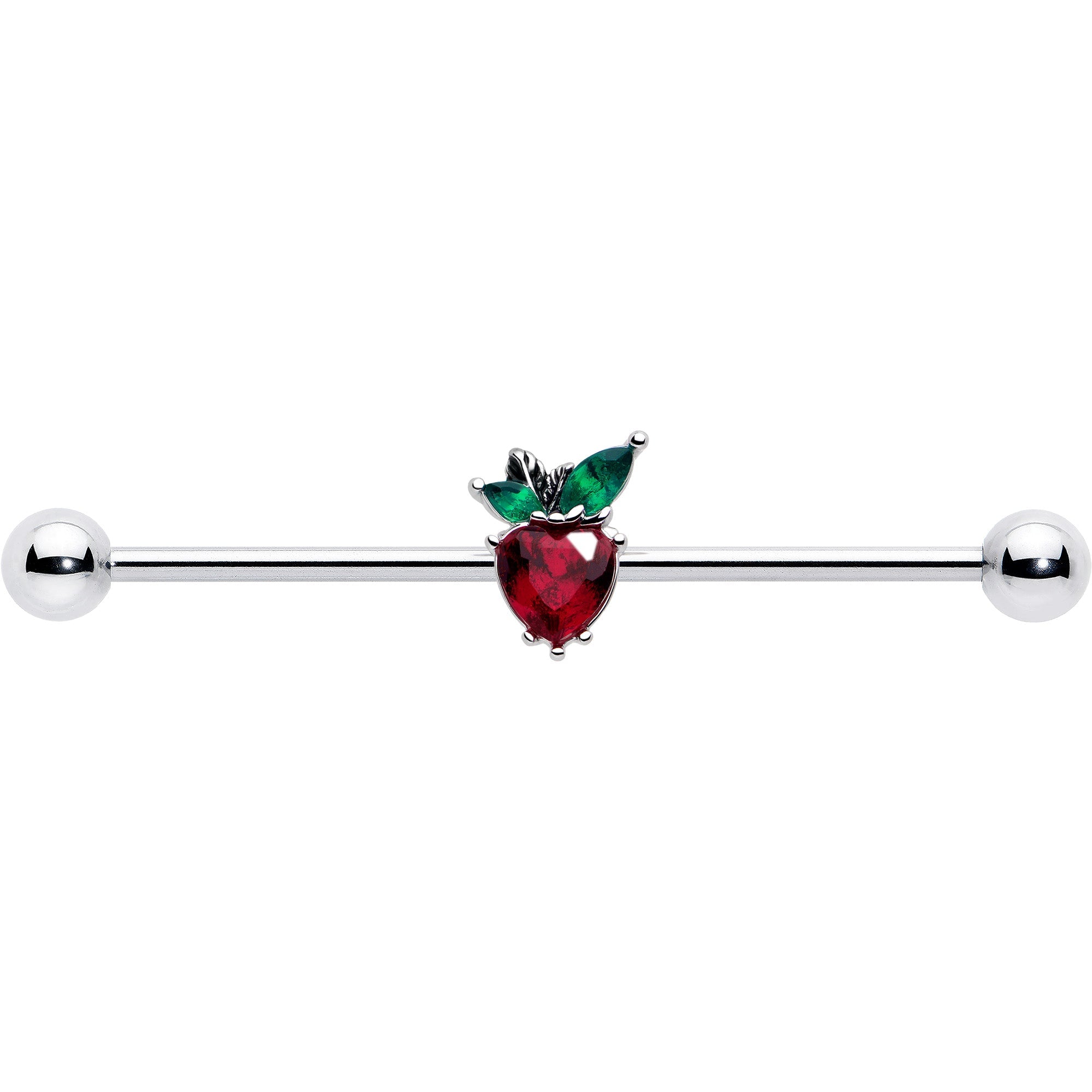 BodyCandy 14G Red Green Gem Strawberry Heart Industrial Barbell 38mm — lifestyle context