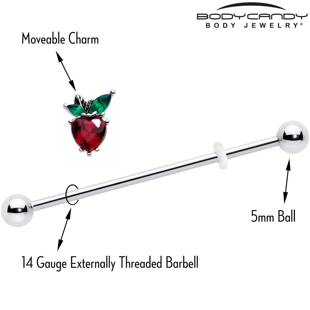BodyCandy 14G Red Green Gem Strawberry Heart Industrial Barbell 38mm — side view