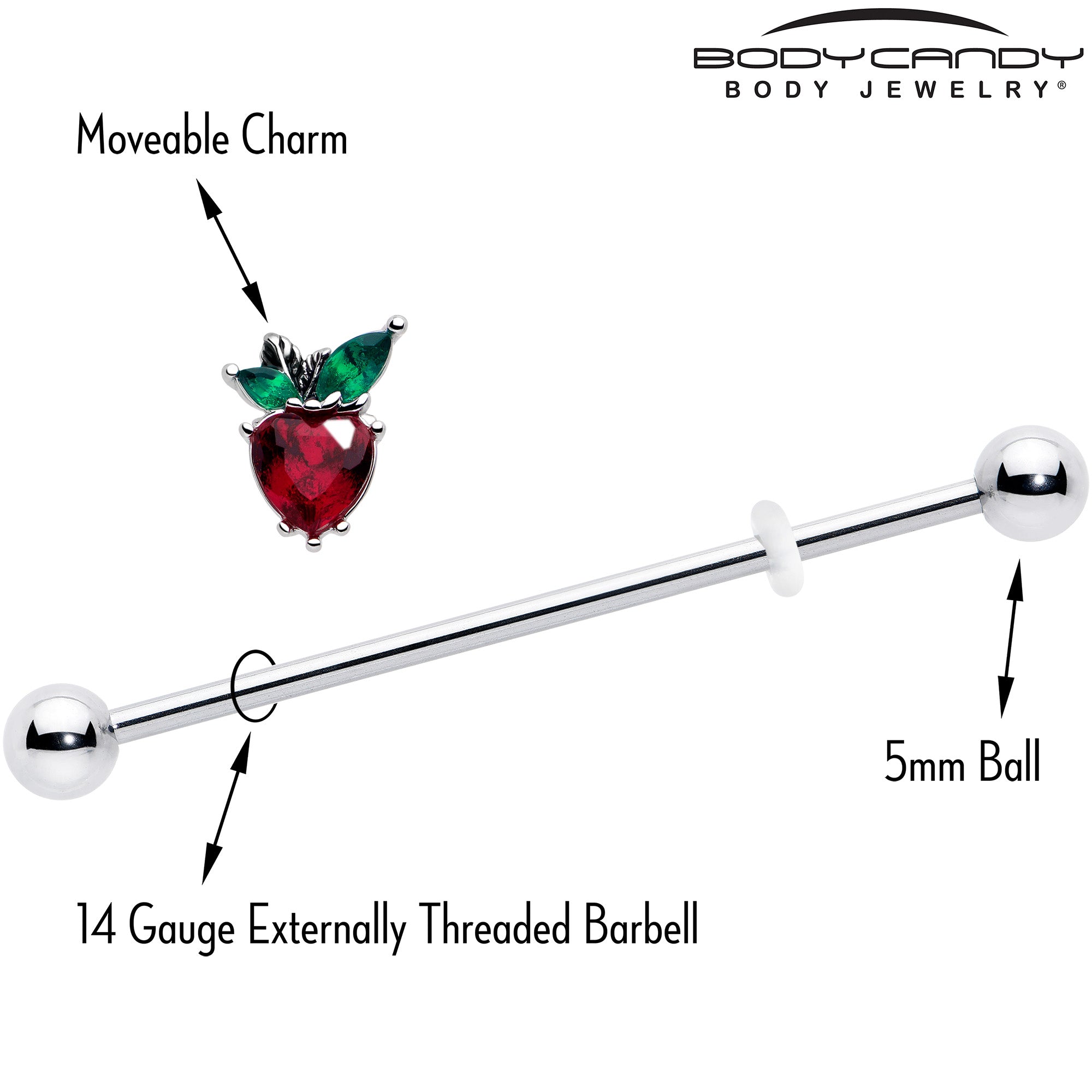 BodyCandy 14G Red Green Gem Strawberry Heart Industrial Barbell 38mm — side view