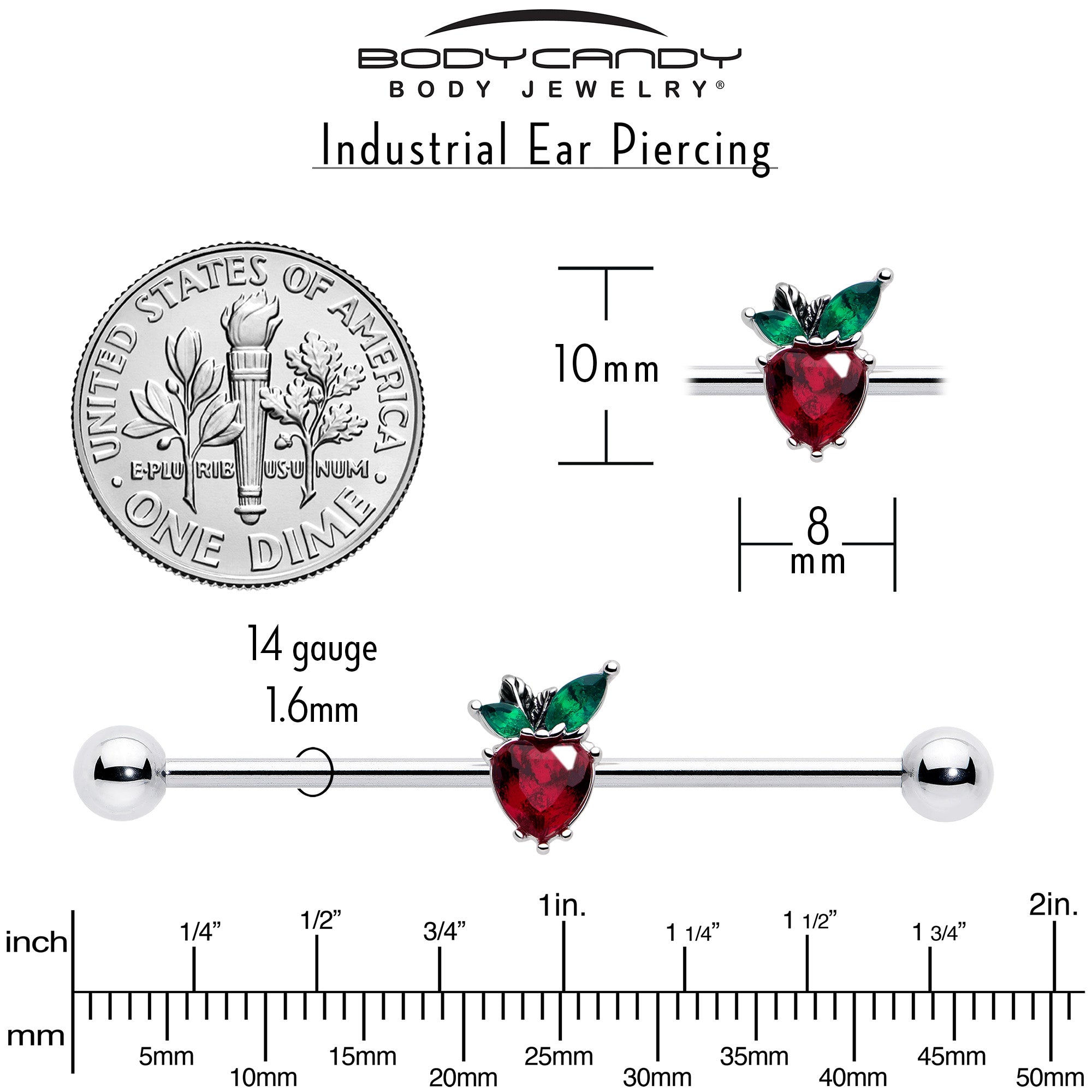 BodyCandy 14G Red Green Gem Strawberry Heart Industrial Barbell 38mm — back view