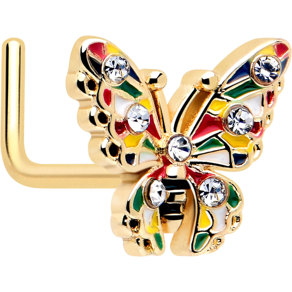 BodyCandy 20G 7mm Clear Gem Gold Tone Color Block Butterfly L Shape Nose Ring — main product shot